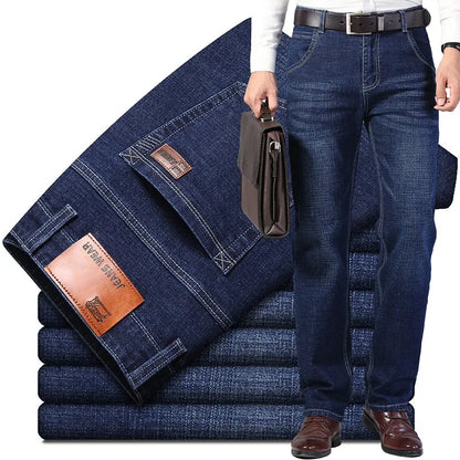 2026 Straight Elastic Cotton Jeans Men Fashion Business Classic Style Jean Denim Pants Trouser