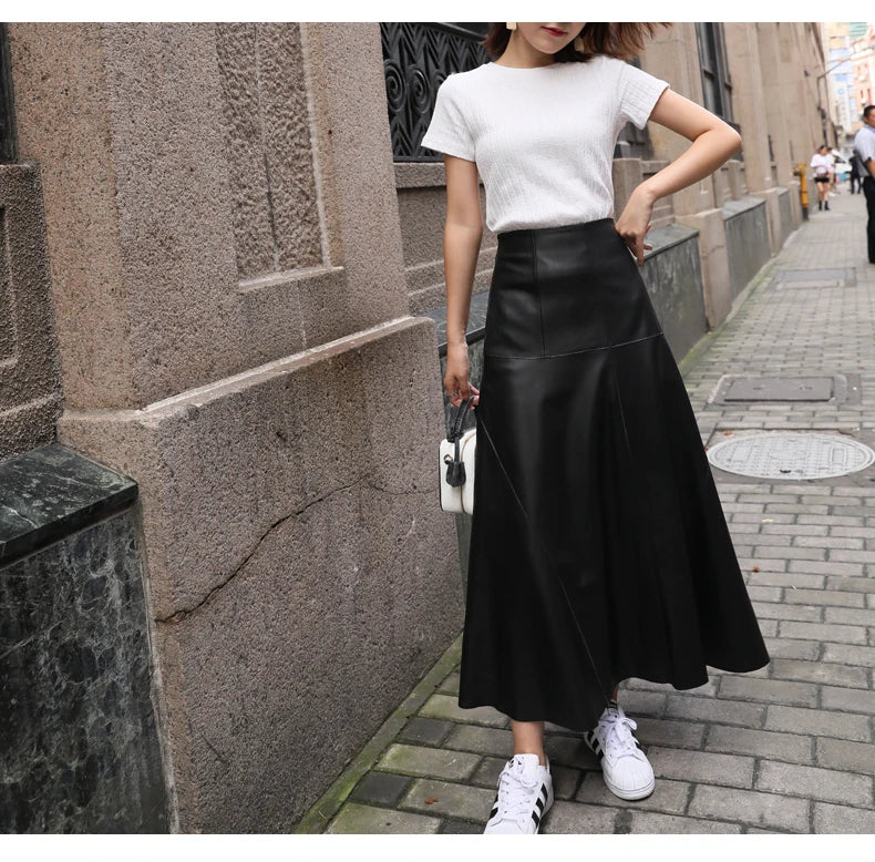 Maxi Skirt Winter Women Splendid Genuine Leather Flared Gonne Female Umbrella Large Swing Jupe Mujer 80 Long Ankle Falda Largas