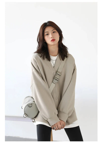 Korean Autumn Winter Women's Sports Coat Casual Loose V-neck Sweatshirt for Women Thick Warm Tops Office Lady Female