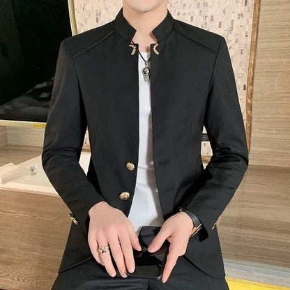 2026 New Men's Black Blazers Coat, Masculino Single Breasted Stand Up Collar Men Long-Sleeved Terno Jacket, Blue Red Overcoat