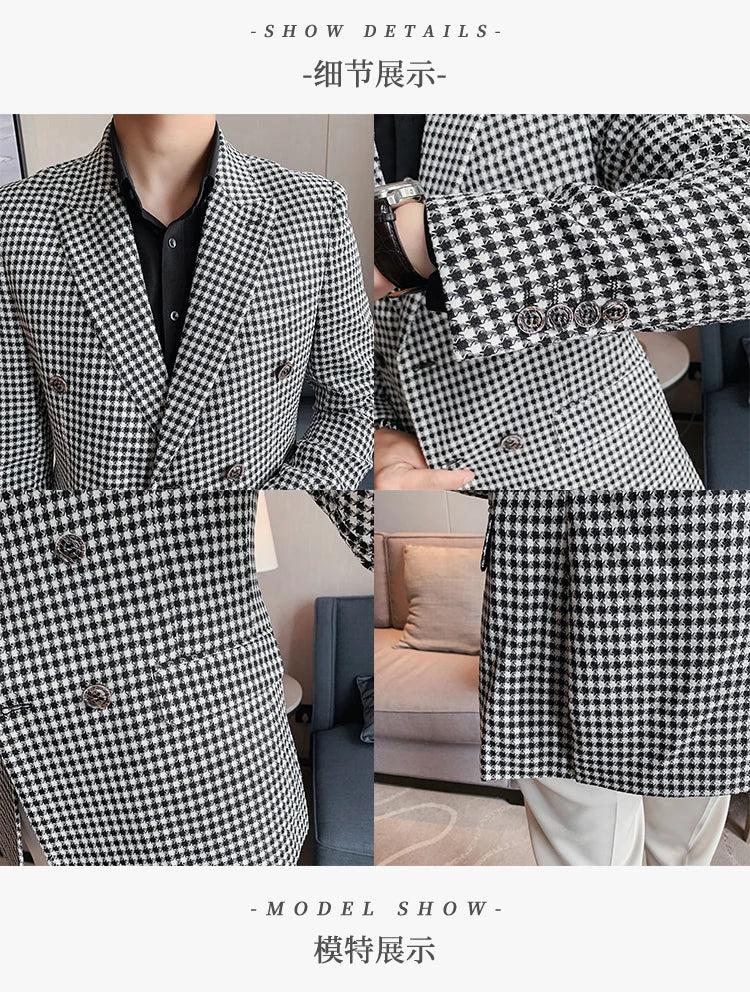 British Style Slim Fit Houndstooth Blazer For Men 2023 Fashion Double Breasted Business Office Wedding Dress Suit Jacket