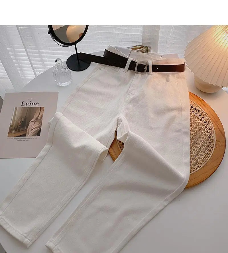 Straight Jeans Women with Belt Vintage Basic Blue Ankle-length Denim Pants Boyfriend Gray Jeans Korean 2021