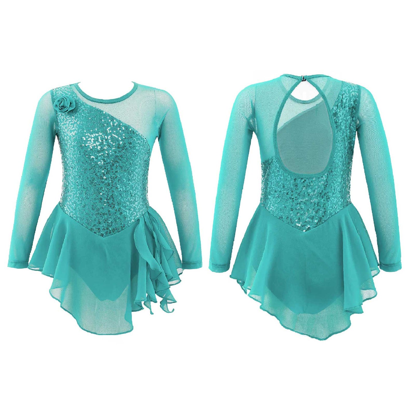 Girls Figure Ice Skating Dress Sparkly Sequin Gymnastics Dance Ballet Tutu Leotard Kids Long Sleeve Mesh Splice Dance Costume