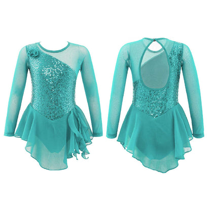 Girls Figure Ice Skating Dress Sparkly Sequin Gymnastics Dance Ballet Tutu Leotard Kids Long Sleeve Mesh Splice Dance Costume