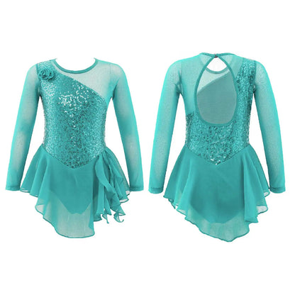 Girls Figure Ice Skating Dress Sparkly Sequin Gymnastics Dance Ballet Tutu Leotard Kids Long Sleeve Mesh Splice Dance Costume