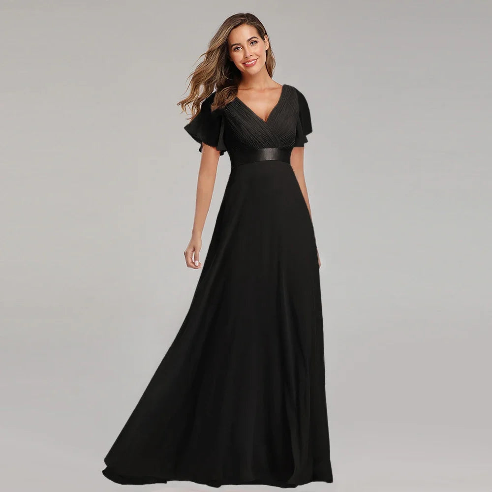 Evening Dresses Elegant V-Neck Ruffles Chiffon Formal Evening Gown  Robe Vestidos De Fiesta Dress for Wedding Party