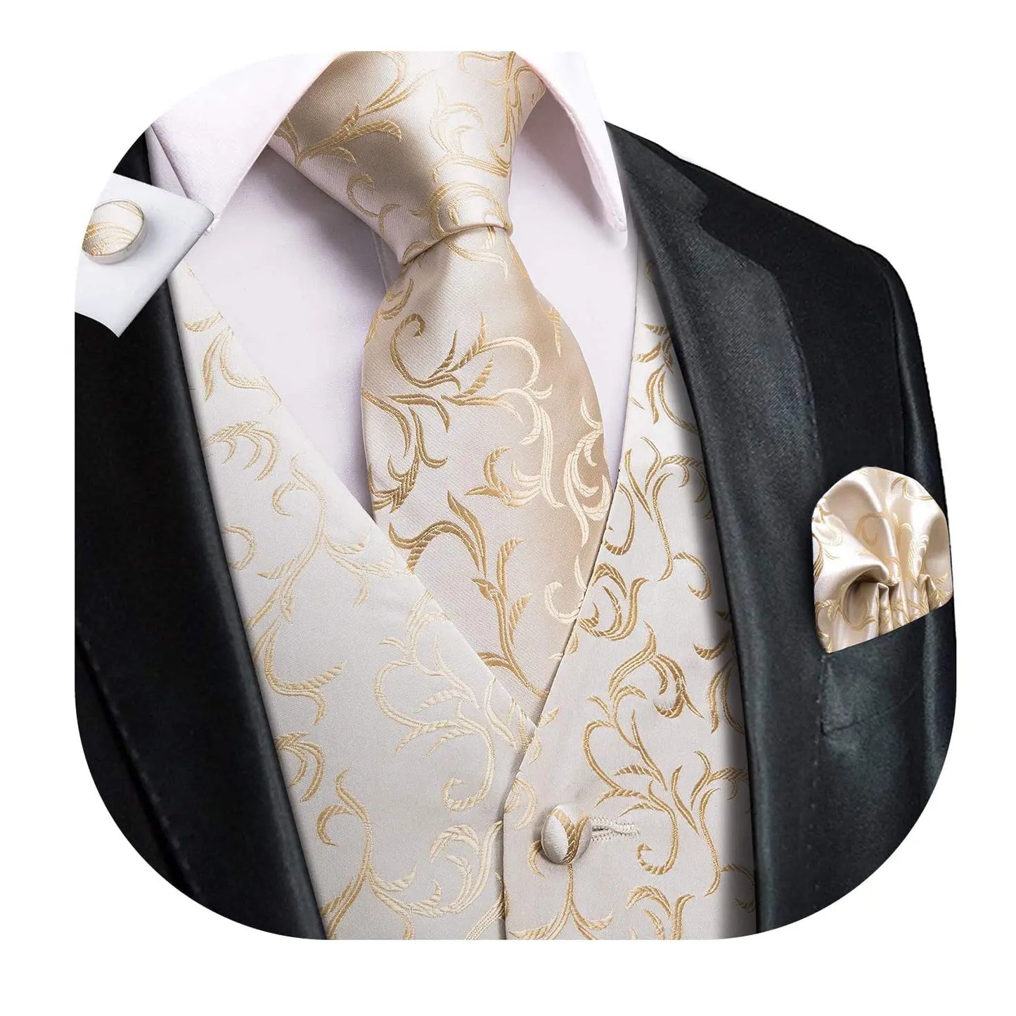 Navy Blue Mens Silk Vests Business Paisley V-Necl Waistcoat Tie Hanky Cufflinks Brooch Set for Men Suit Wedding Formal Hi-Tie