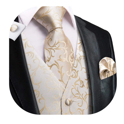Navy Blue Mens Silk Vests Business Paisley V-Necl Waistcoat Tie Hanky Cufflinks Brooch Set for Men Suit Wedding Formal Hi-Tie