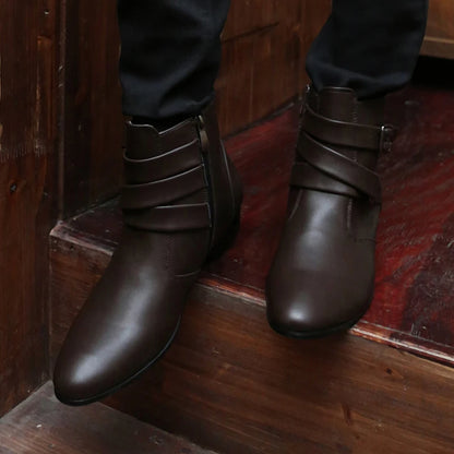 Fashion Men Spring Autumn Pointed Toe Height Increase Chelsea Ankle Boots Western High Top Casual Shoe PU Leather