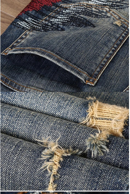 Indian Avatar Embroidered Jeans Men Scratch Long Cracks High Street Pants Soft Red Ears Blue Grey Slim 2020 Western Style