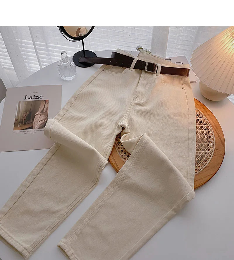 Straight Jeans Women with Belt Vintage Basic Blue Ankle-length Denim Pants Boyfriend Gray Jeans Korean 2021