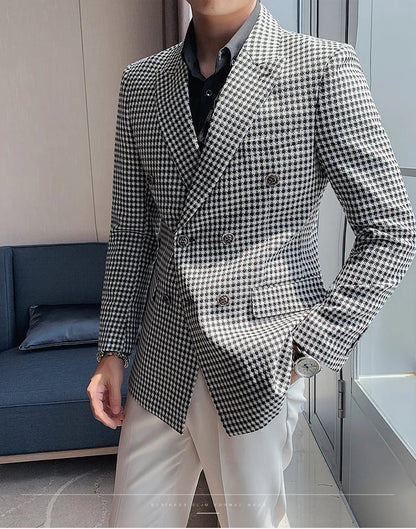British Style Slim Fit Houndstooth Blazer For Men 2023 Fashion Double Breasted Business Office Wedding Dress Suit Jacket
