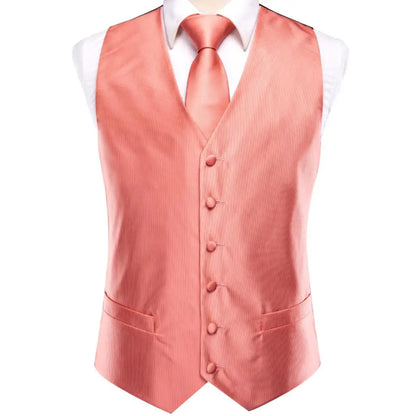 Luxury Silk Mens Vests Rose Gold Pink Striped Waistcoat Necktie Bowtie Hanky Cufflinks Set Waist Jacket For Men Wedding