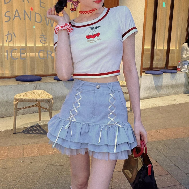Japanese Kawaii Mini Skirt Women Summer Casual Designer Elegant Lolita Sexy Skirt High Waist Lace Bandage Y2k Sweet Skirt 2024