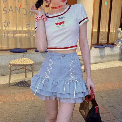 Japanese Kawaii Mini Skirt Women Summer Casual Designer Elegant Lolita Sexy Skirt High Waist Lace Bandage Y2k Sweet Skirt 2024