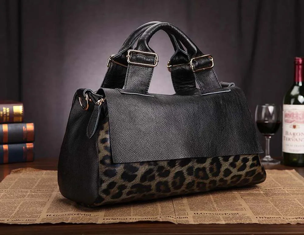 Genuine Leather Tote Handbags for Women, Leopard Shaped Cow Skin Office Bag with Long Strap, Luxury Crossbody Shoulder Bags