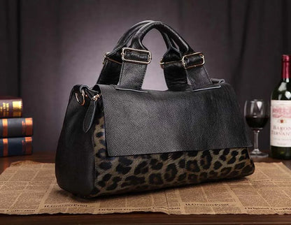Genuine Leather Tote Handbags for Women, Leopard Shaped Cow Skin Office Bag with Long Strap, Luxury Crossbody Shoulder Bags