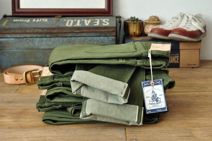 Men Jeans Vulcanization Olive Green 107 Selvedge Denim Jeans Men Washed Slim Fit 14 Oz Zipper Fly