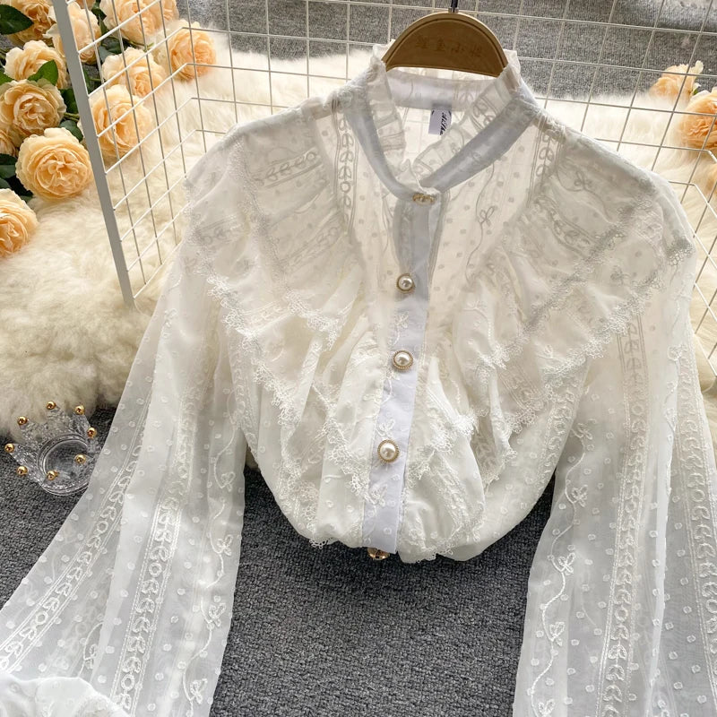 Elegant French Blouse Women Temperament Sweet Ruffles Loose Casual Tops Spring Long Sleeve Streetwear White Shirts
