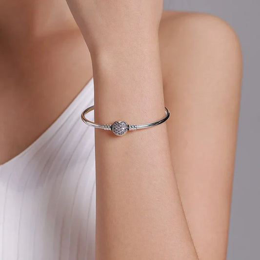 Bracelet et jonc en argent sterling 925 avec cœur rose, serti pavé de zircones, chaîne serpent pour femmes, pendentif, breloque, perle, bijoux à faire soi-même