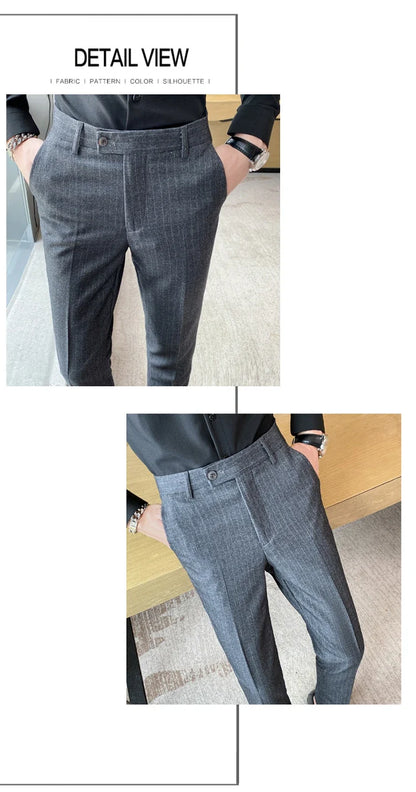 Boutique Classic Plaid and Striped Fashion Men's Casual Business Slim Suit Pants Groom Wedding Dress Trousers Party