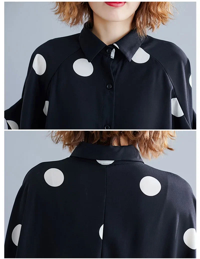 Black Vintage Polka Dot Print Blouse Women New Chiffon Lapel Short Sleeve Loose Casual Shirt Tops Fashion Summer Clothes 2026