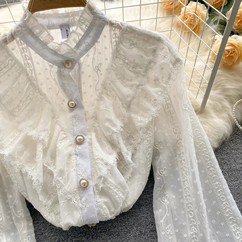 Elegant French Blouse Women Temperament Sweet Ruffles Loose Casual Tops Spring Long Sleeve Streetwear White Shirts