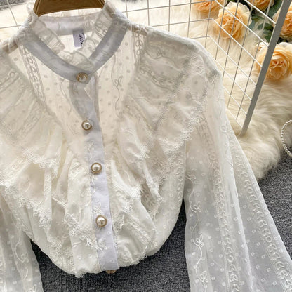 Elegant French Blouse Women Temperament Sweet Ruffles Loose Casual Tops Spring Long Sleeve Streetwear White Shirts