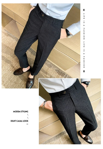 Boutique Classic Plaid and Striped Fashion Men's Casual Business Slim Suit Pants Groom Wedding Dress Trousers Party