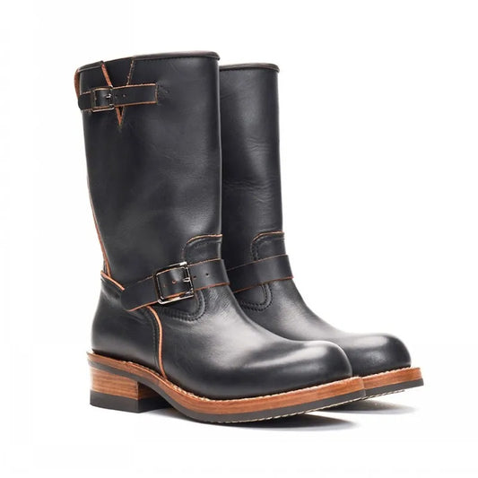 Engineer Work Shoes Men Vintage High Top 100% Genuine Leather Motorcycle Long Boots Autumn Designer Slip On Cowhide Riding Boots