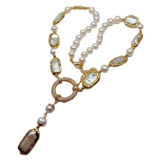 Natural 8-9mm Round Rectangle Cultured White Biwa Pearl Round Freshwater Pearl Y-Drop Necklace 18.5'
