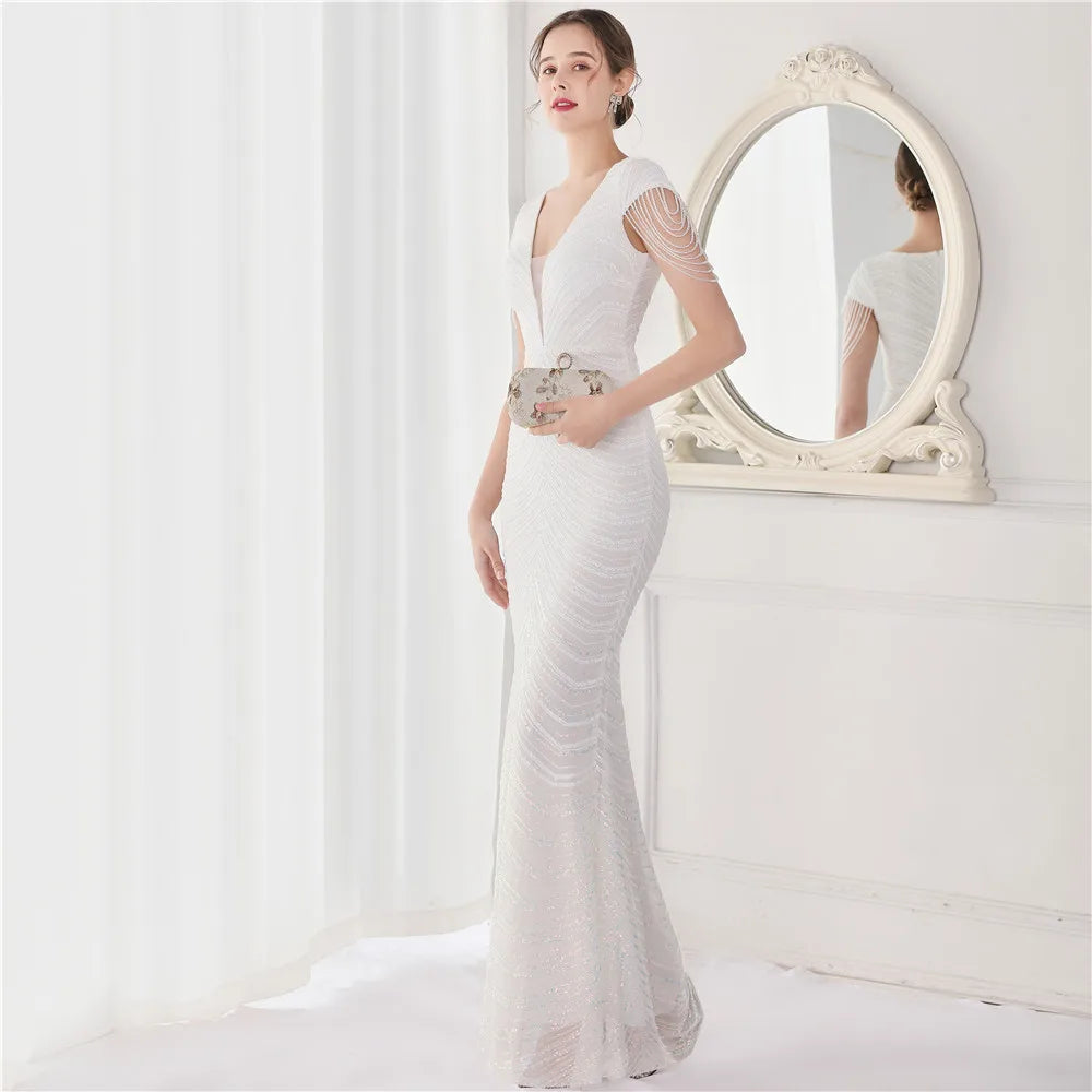 Elegant V Neck Mermaid Evening Dress Long Luxury Beads Women Evening Party Dresses 2025 New Formal Dress 19085