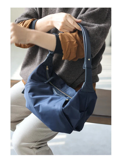 Lightweight Nylon Matching Genuine Leather Crossbody Bag High Quality Single Shoulder Bags Fashion Pleated Messenger Purses