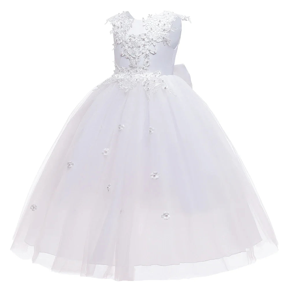 Formal Tulle Flower Bridesmaid Girls Dress Vestido White Wedding Princess Prom Kids Party Dresses For Girls Bow Birthday Costume
