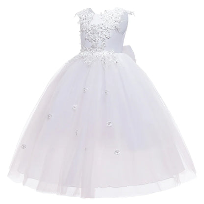 Formal Tulle Flower Bridesmaid Girls Dress Vestido White Wedding Princess Prom Kids Party Dresses For Girls Bow Birthday Costume