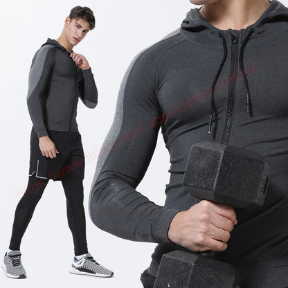 Men Running Sports Jackets Gym Training Zipper Slim Hiking Sweatshirts Comfortable Elastic Quick Dry Fitness Long Sleeve Hooded