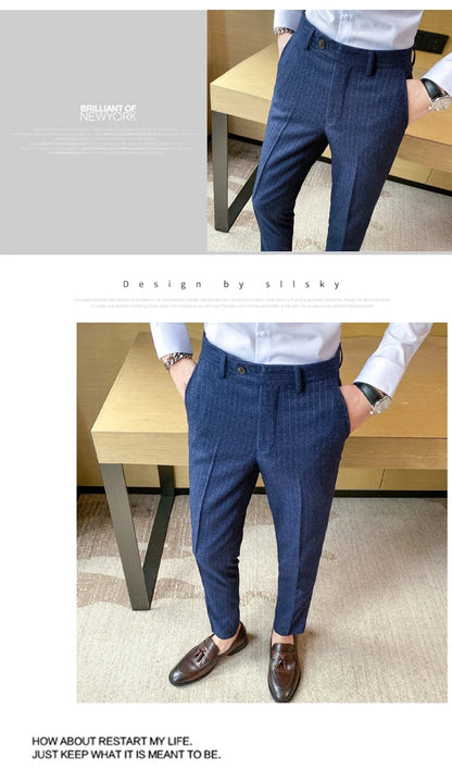 Boutique Classic Plaid and Striped Fashion Men's Casual Business Slim Suit Pants Groom Wedding Dress Trousers Party