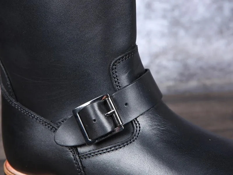 Luxury Men Work Genuine Leather High Top Boots Slip-On Biker Knight Boots Winter Mid-Calf Boots Zapatos De Hombre Work Shoes