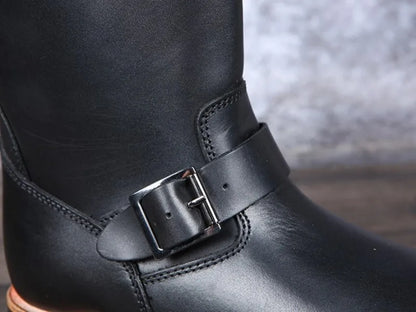 Luxury Men Work Genuine Leather High Top Boots Slip-On Biker Knight Boots Winter Mid-Calf Boots Zapatos De Hombre Work Shoes
