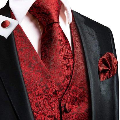 Luxury Gold Black Mens Vests Print Jacquard Waistcoat Tie Hanky Cufflinks Brooch Set for Men Wedding Formal Business Hi-Tie