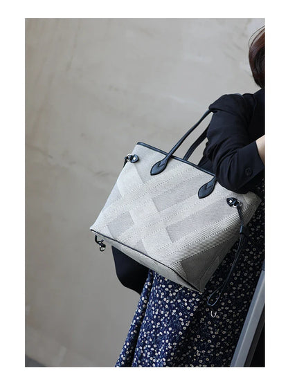 Women's Fashion Shoulder Bag Luxury Designer Handbag Large Capacity Canvas With Genuine Leather Tote For Shopping,Commuting,Work