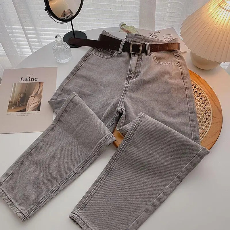 Straight Jeans Women with Belt Vintage Basic Blue Ankle-length Denim Pants Boyfriend Gray Jeans Korean 2021