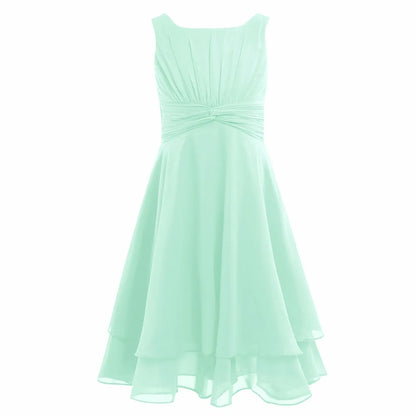 Summer Fashion Flower Girls Dress Wedding Birthday Party Kids Chiffon Dress Sleeveless Ruched Bodice Elegant Princess Dress