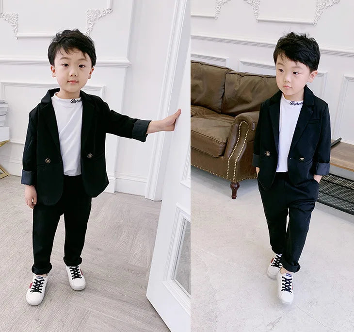 Teenager Boys Pink Black Jacket+Pants 2Pcs Clothing Set Gentleman Kids Formal Wedding Suit Children Performance Graduation Dress