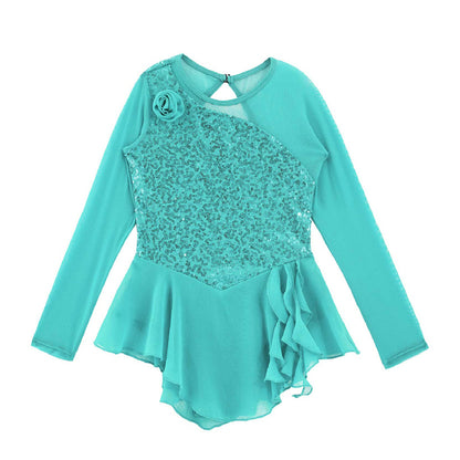 Girls Figure Ice Skating Dress Sparkly Sequin Gymnastics Dance Ballet Tutu Leotard Kids Long Sleeve Mesh Splice Dance Costume