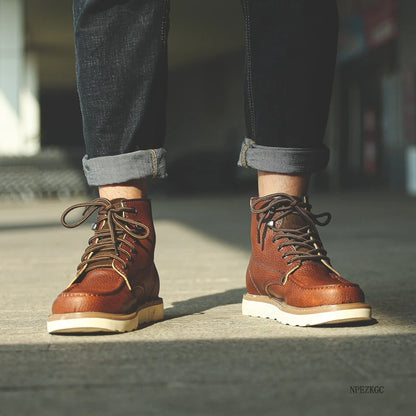 Handmade Men Boots Vintage Casual Autumn Winter Cow Leather Shoes British Ankle Boots Wings Motorcycle Boots Zapatos Hombre