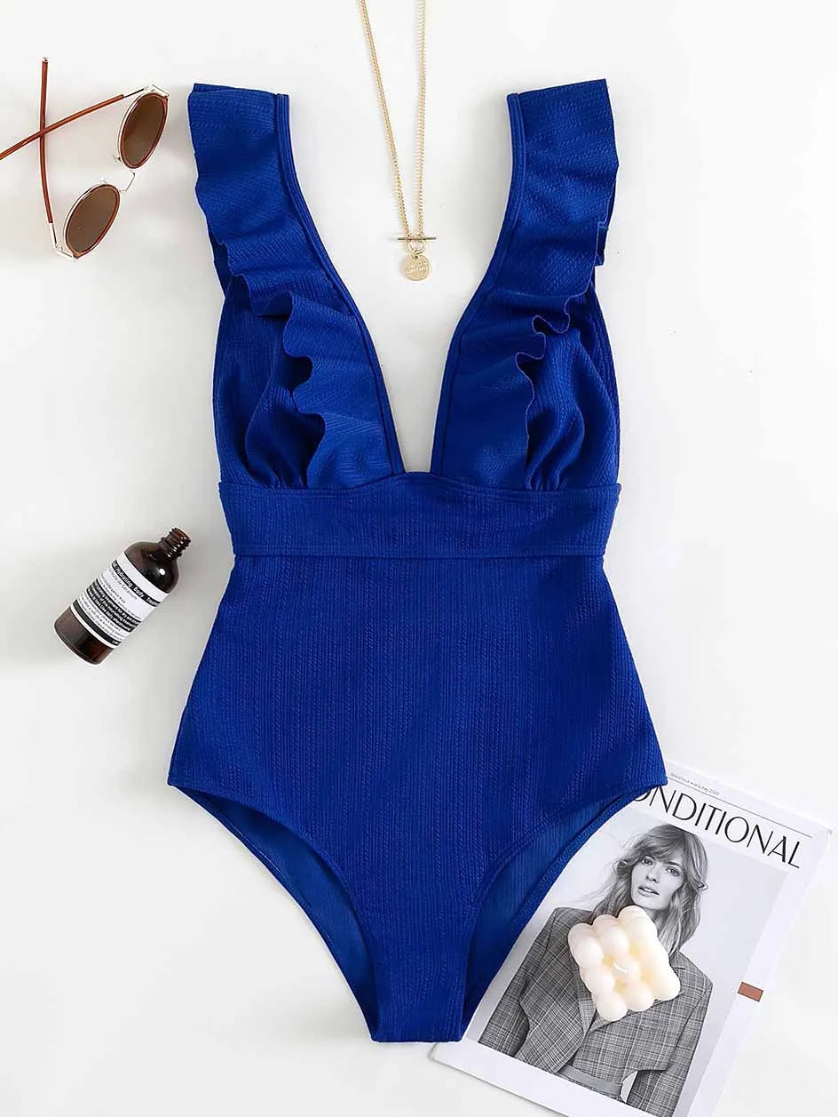 Sexy Ruffle Swimwear Women`s 2025 Deep V One Piece Swimsuit Female Bathing Suit Woman Bodysuit Swimming for Beach Wear Monokini