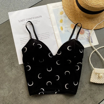 Women Retro Velour Strap Tops Summer V Neck Sleeveless Backless Slim Tank Top Chic Print Sexy Off Shoulder Short Camis