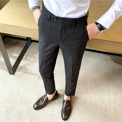 Boutique Classic Plaid and Striped Fashion Men's Casual Business Slim Suit Pants Groom Wedding Dress Trousers Party