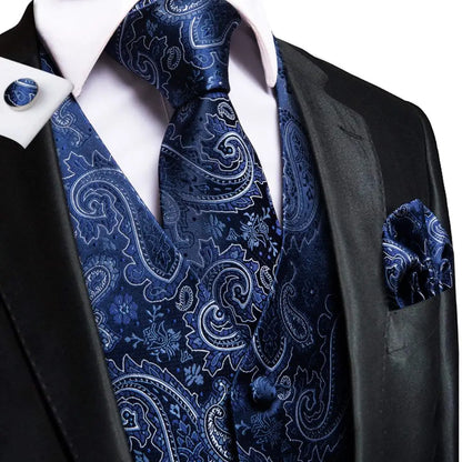 Silk Mens Vests Sleeveless Waist Jacket Jacquard Black Orange Floral Waistcoat Tie Hanky Cufflinks Set for Men Casual XXL
